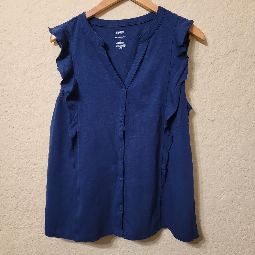 Sonoma Flutter Sleeve V-Neck Top Navy Blue Sz L NWOT